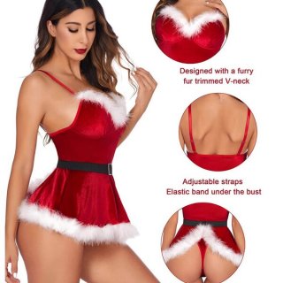 Red lady christmas costume - sexy lingerie set featuring a furry trim, adjustable straps, and elastic band under bust for hol...