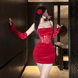 Red velvet lace bodycon mini dress - sheer sexy holiday party dress with thin straps & sparkle detail