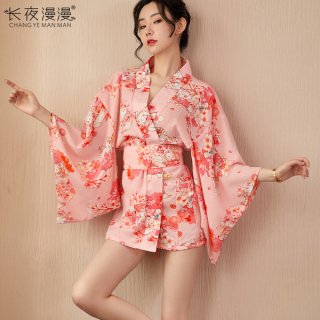 A woman models a pink floral patterned kimono-style dress with sheer sleeves, featuring a corset design, suitable for women s...