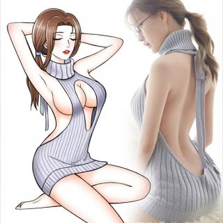 Romantic sheer lace lingerie set featuring open-front backless knit sweater and mini skirt sleepwear outfit.
