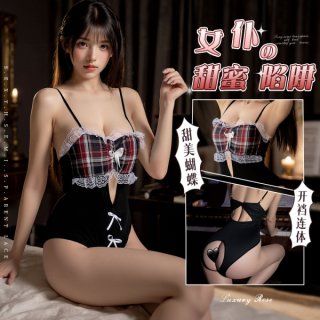 Woman modeling black plaid lace lingerie set with bow details, featuring a seductive maid-style bra and ultra-short skirt out...