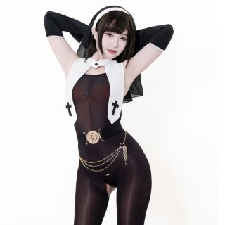 Seductive nun costume lingerie featuring an open-crotch design, combining modesty with allure for role play outfits.
