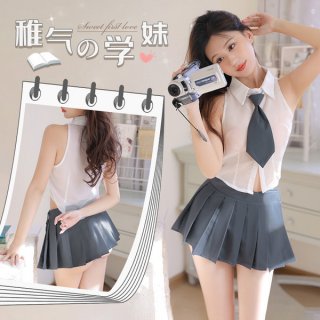 Seductive short crop top skirt set - slim-fit pleated schoolgirl costume outfit for women, featuring a white top with a tie a...