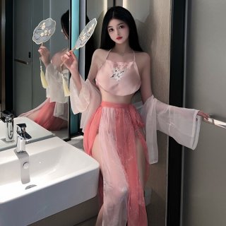 Vintage-inspired sensual hanfu lingerie set featuring embroidered floral designs, perfect for a provocative uniform style loo...