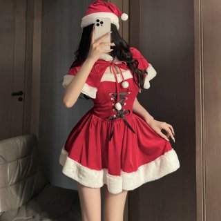 Sexy christmas costume outfit - festive holiday cosplay & anime-themed lingerie performance dress featuring santa hat, red dr...