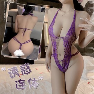 Woman modeling purple sexy lace bodysuit set with sheer cut-outs and back view inset.