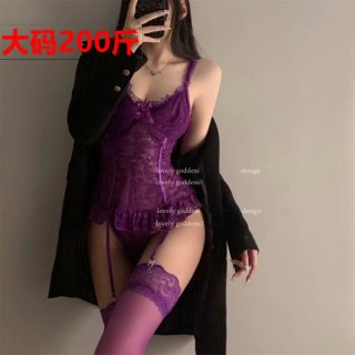 Woman modeling purple lace sleepwear set with sheer mesh, thigh-high stockings, and black coat for a busty-looking, pure-temp...