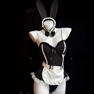 Sexy maid costume lingerie set featuring underwire push-up bra, matching sleepwear, bunny ears, and bow tie.