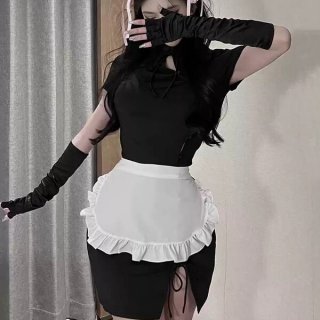 Sexy maid costume for women featuring a black top, white apron with ruffles, and long gloves, perfect for cosplay or nightclu...