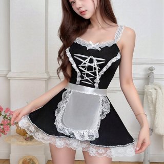 Sexy maid costume for women featuring lace bodysuit dress with sheer panels and adjustable straps, perfect for pure temptatio...