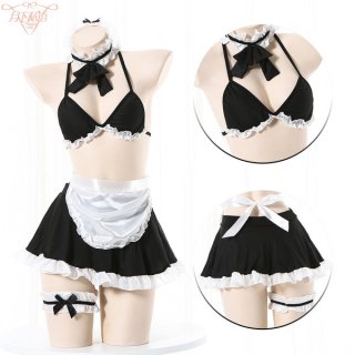 Sexy maid costume for women - seductive lingerie set with sheer mesh & lace, bedroom role play outfit featuring black bralett...