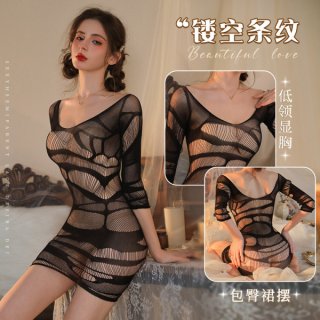 Woman modeling a sexy plus size lace bodysuit with bold striped sheer mesh, featuring a low neckline and body-hugging fit.