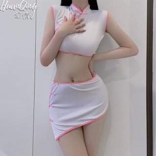 Sexy qipao lingerie set - hot hip-hugging short panty two-piece bedroom play outfit for women, featuring a stylish white and ...