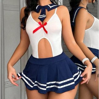 Sexy sailor costume lingerie set - cute & seductive uniform role play outfit for women featuring a white bodice with red bo...