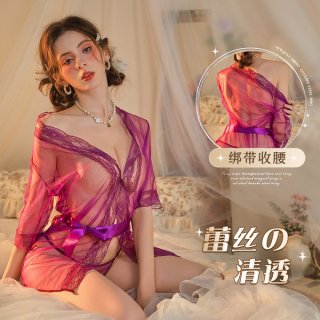 Sheer lace sensual sleepwear set featuring transparent mesh robe with delicate lace details and matching womens lingerie outf...