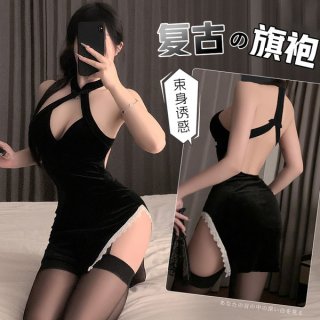 Vintage chinese-style lingerie dress with sexy side-slit cheongsam design, elegant and alluring for women.