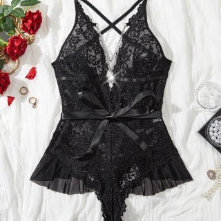 Womens full lace bodysuit - sheer sexy lingerie for women, elegant erotic underwear with intricate lace design and belt detai...