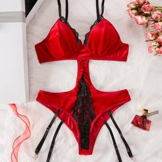 Womens full lace sheer bodysuit featuring elegant red fabric with black lace detailing, perfect for intimate wear.