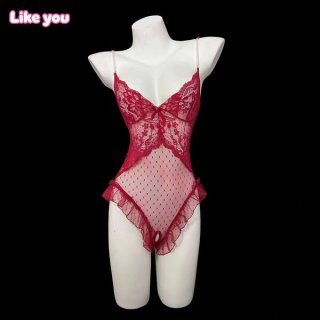 Womens sensual pearl-chain strap bodysuit - sheer deep v lace sleepwear with open-crotch design