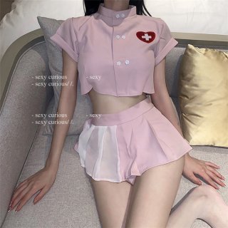 Womens sexy nurse costume set - sweet sheer crop top & pleated skirt uniform outfit for role play & cosplay
