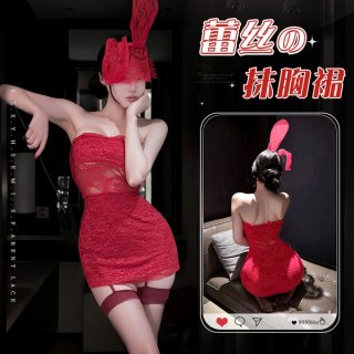 Sexy red lace mini dress with bunny ears, perfect bodycon party outfit for women.