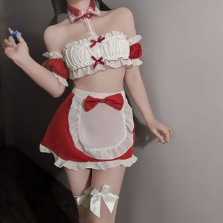 Sexy maid costume with red and white colors, featuring a strapless top, ruffled skirt, and bow accents, perfect for themed ev...