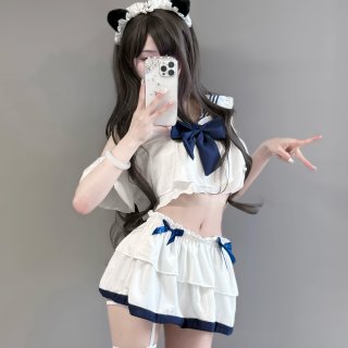 Seductive schoolgirl lingerie set featuring a charming white uniform with navy accents, perfect for passionate date nights an...
