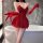 Woman in red lace slip dress with gloves, posing by bathtub. nightse sexy clubwear bodysuit for small bust, modest yet alluri...