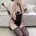 Sexy sheer lace bodysuit with clip-on neck strap, featuring black mesh design and garter straps for intimate play.