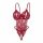 Red lace bodysuit with floral pattern and open-crotch design, featuring delicate straps and sheer fabric for a sensual look.