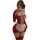 Woman in red sheer mesh maid costume with white apron, long gloves, and thigh-high stockings for erotic role play.