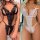 Two women modeling black and white luxury lace bodysuits, sheer sexy lingerie with floral patterns and bow details.