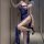 Woman wearing blue lace lingerie set with high slit, sheer straps, and elegant design for seductive nightwear.