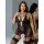Woman modeling black sheer lace lingerie set with push-up bra and garter stockings, featuring delicate floral patterns and a ...