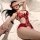 Woman in red lace lingerie set with floral details, lying on white bed, hand covering eyes, perfect for date nights.