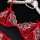 Red lace lingerie set with floral embroidery and ribbon details, displayed on a hanger with pearls.