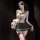Model in chaomu jk sailor outfit with sheer mesh bodysuit, black pleated skirt, thigh-highs, and fluffy white accessory.