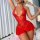 Woman wearing red lace sleep dress with open-crotch design, romantic lingerie for seductive nights.