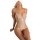 Woman wearing a white passion lace bodysuit, featuring sheer mesh and intricate lace detailing, designed as sexy sleepwear fo...