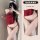 Woman modeling red suqing vintage lace bodysuit with embroidered bindings and matching t-back lingerie set.