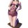 Woman kneeling in purple lace bodysuit with floral trim, sheer mesh, open-crotch design, and vintage uniform-style straps.