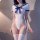 Woman wearing a white sailor-themed bodysuit with blue accents, featuring an open-crotch design and matching thigh-high stock...