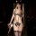 Woman wearing leopard print cat lingerie set with matching headband, sheer stockings, and seductive cutout design for sexy sl...