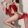 Woman modeling red chinese-style lingerie set with lace, tassels, and flowing sleeves, holding a fan.