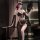 Woman in black fringed lingerie with gold accents, holding a fan, exuding elegance and sensuality.