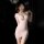 Woman modeling pink bow-print deep v bodysuit with thong cutout, sheer lace trim, and sensual sleepwear design.