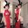 Adorable bunny maid cosplay costume featuring a red, sheer sleep dress with lace details, complete with black stockings and g...