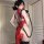 Adorable bunny maid cosplay costume featuring a sheer red dress with lace details, perfect for sexy sleepwear or servant outf...