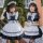 Two girls wearing japanese girl black maid dresses, cute lolita princess costumes perfect for kids ages 3-12, featuring ruffl...