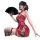 Woman in red rose lace lingerie set with sheer panels, pearls, and black fan—sensual romantic intimate wear for women.